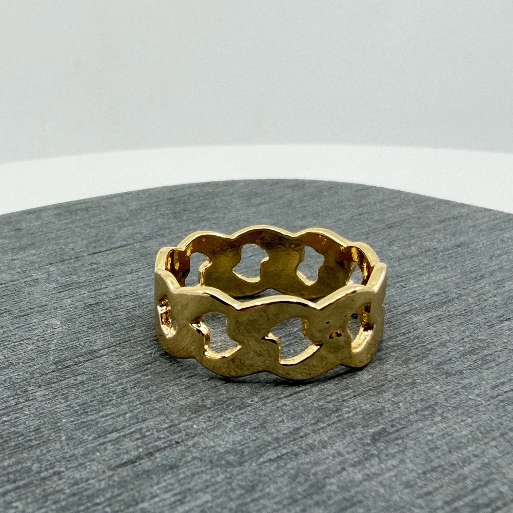 Y2K Gold Tone Cutout Link Band Ring Stackable Minimalist Fashion Jewelry Gift